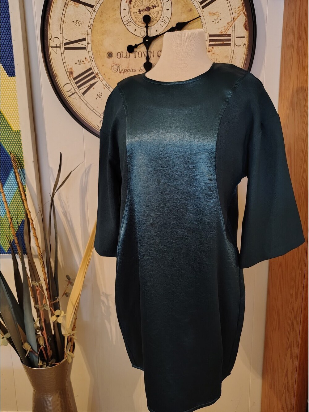 BCBGeneration Women's Small Teal Satin and Crepe Shift Dress